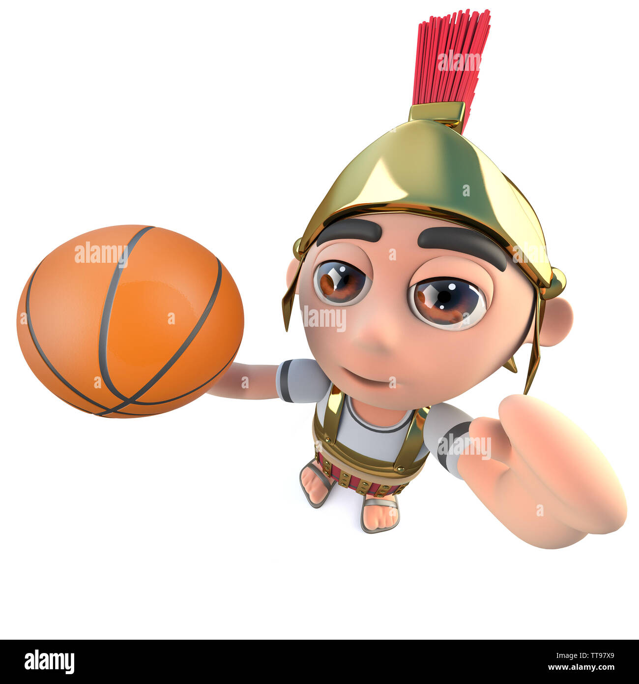 3D-Render eines lustigen Cartoon römischen Soldaten Charakter Basketball spielen Stockfoto