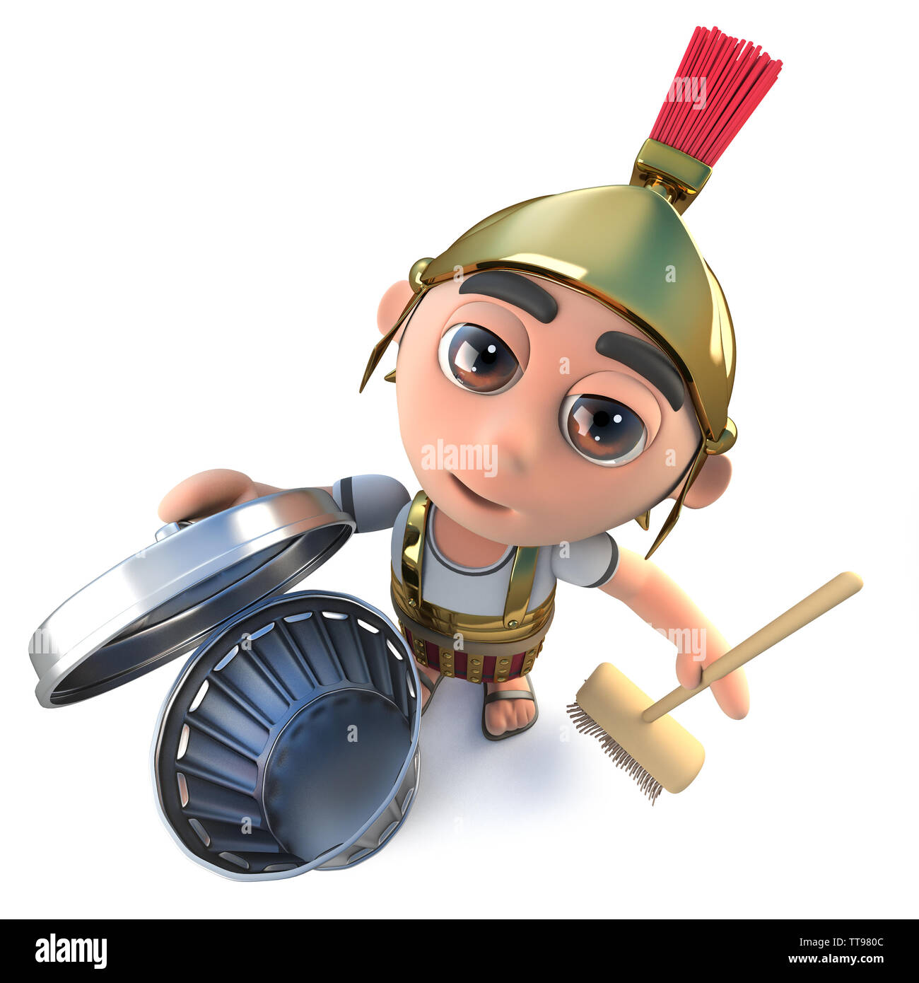 3D-Render eines lustigen Cartoon römischen Soldaten Charakter Reinigung mit einem Besen und den Papierkorb. Stockfoto