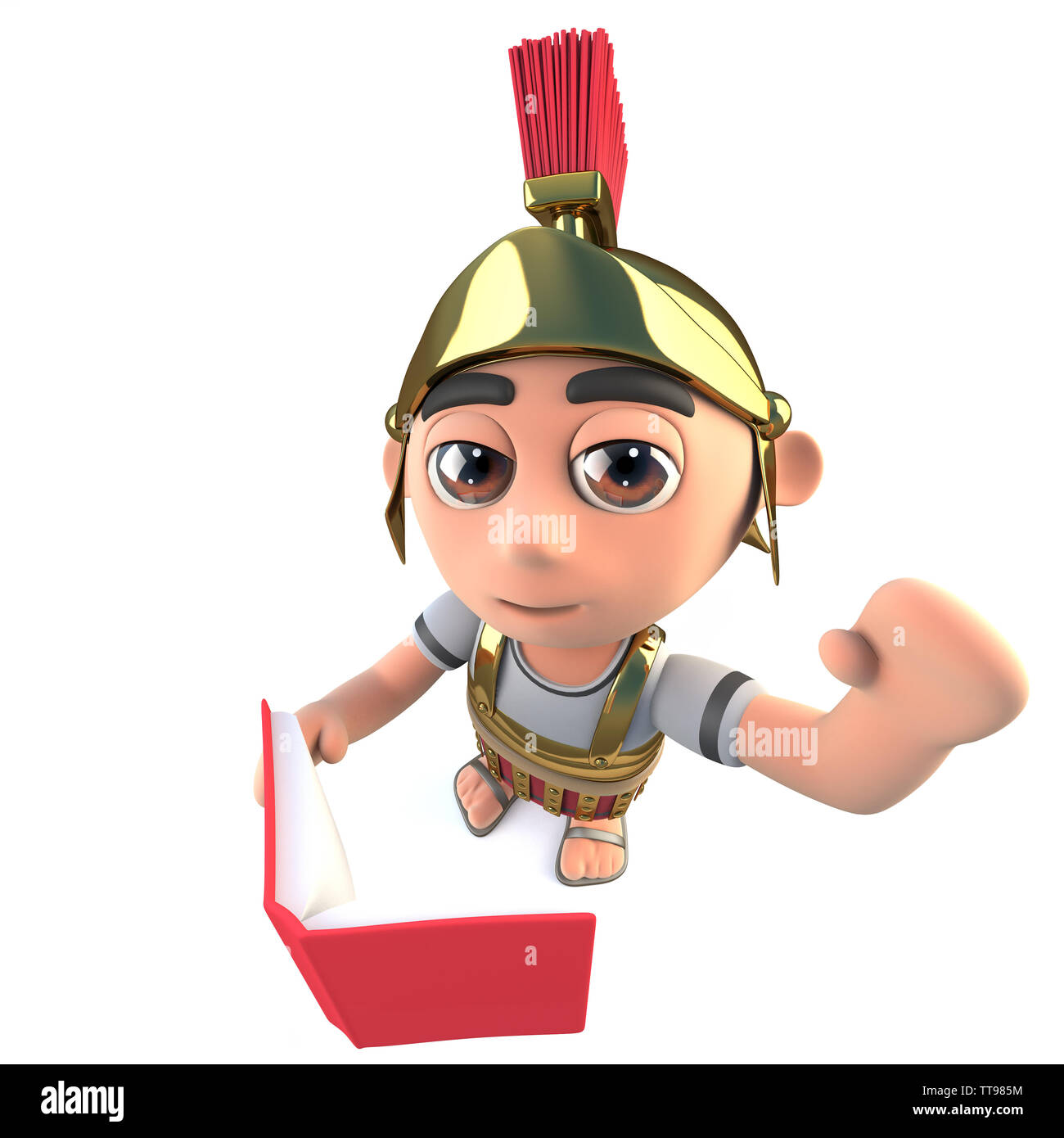 3D-Render eines lustigen Cartoon römischen Soldaten gladiator ein Buch lesen und winken Stockfoto