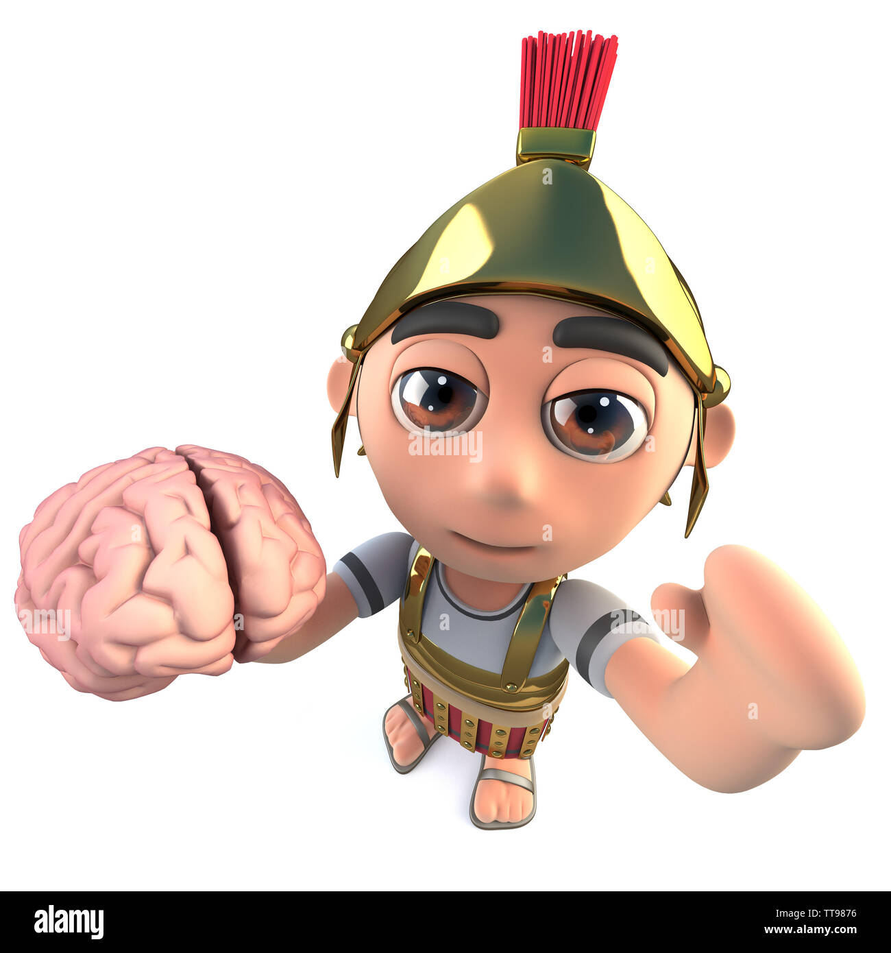 3D-Render eines lustigen Cartoon römischen Soldaten gladiator Holding ein menschliches Gehirn Stockfoto
