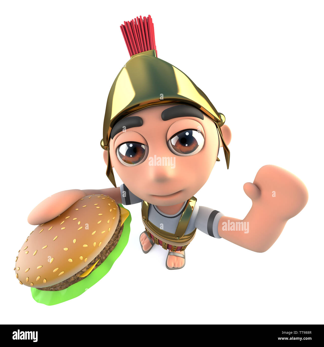 3D-Render eines lustigen Cartoon römischen Soldaten gladiator Essen eine Beef Burger Stockfoto
