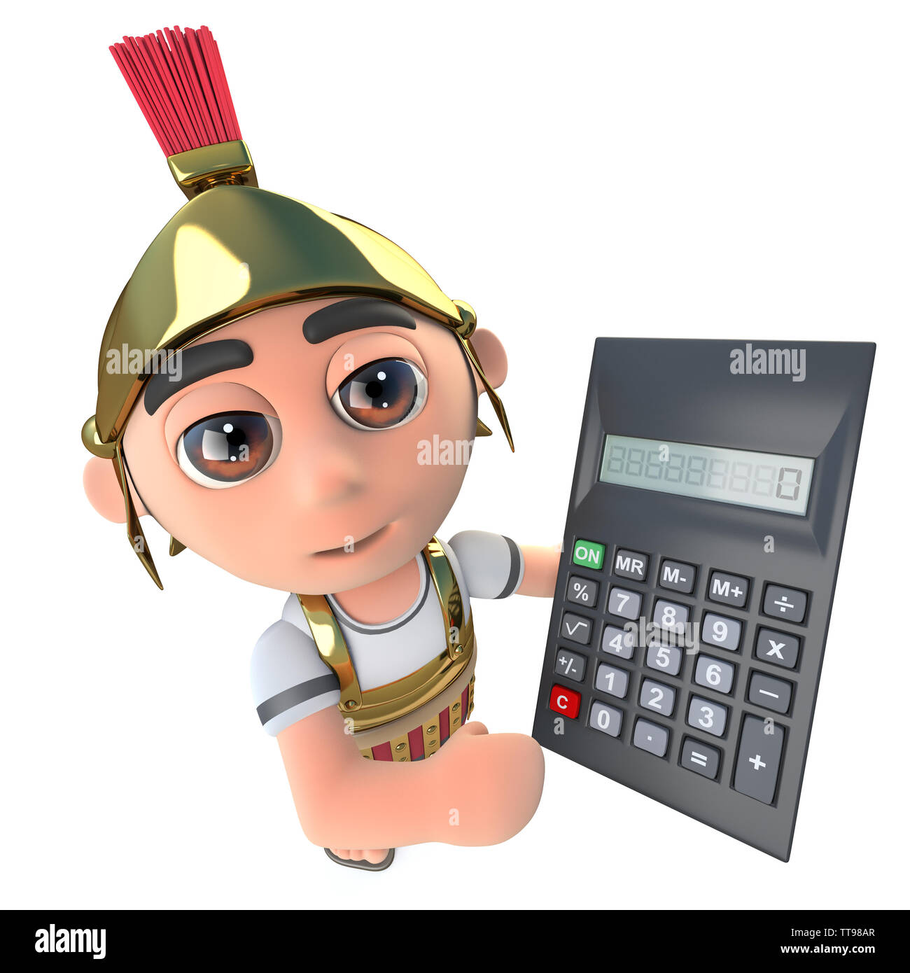 3D-Render eines lustigen Cartoon römischen Soldaten gladiator Holding einen Taschenrechner Stockfoto