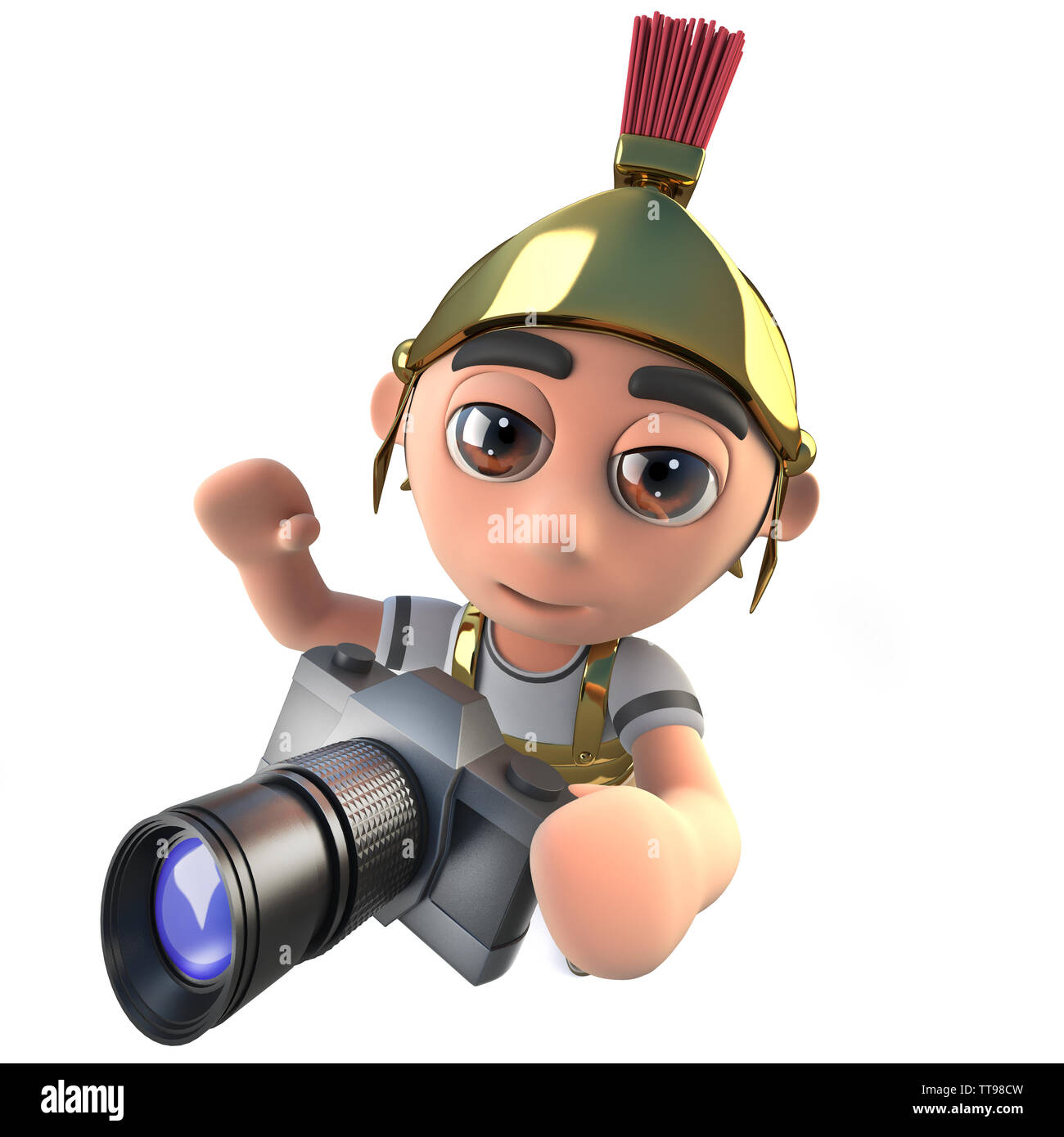 3D-Render eines lustigen Cartoon römischen Soldaten Hauptmann halten einer Kamera Stockfoto