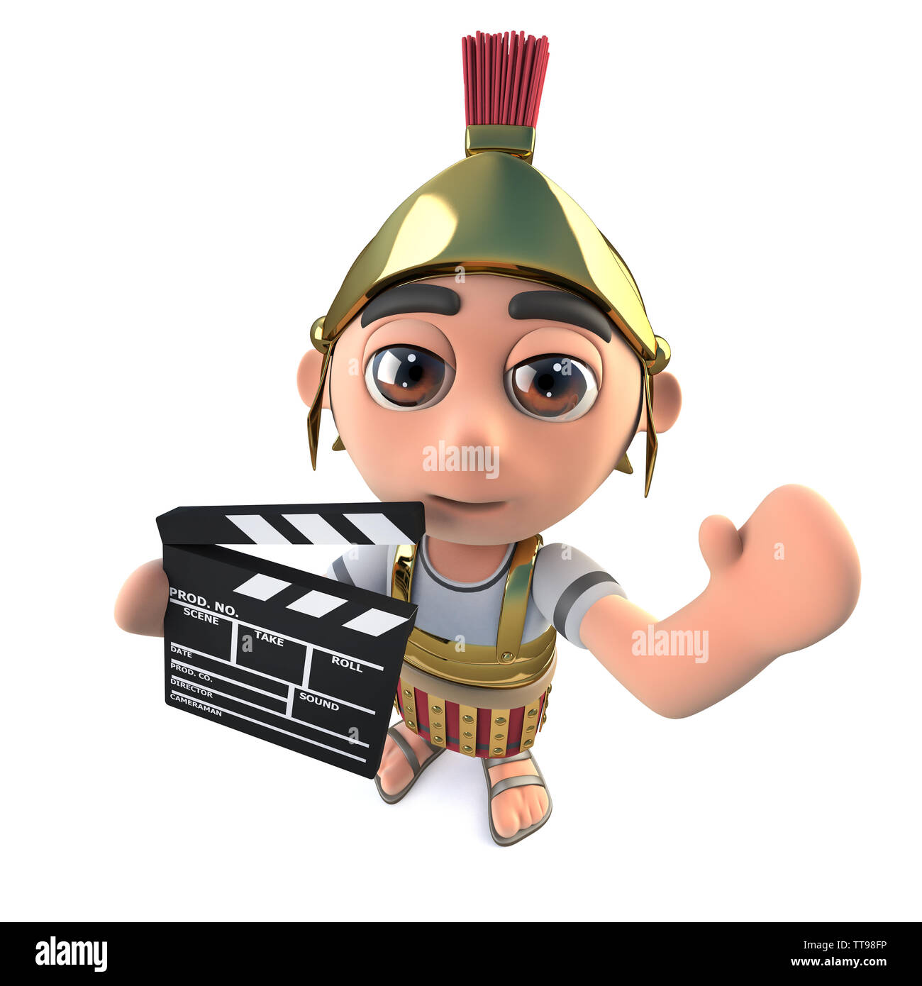 3D-Render eines lustigen Cartoon römischen Soldaten Hauptmann Holding ein Filmemacher chalk Schiefer Stockfoto