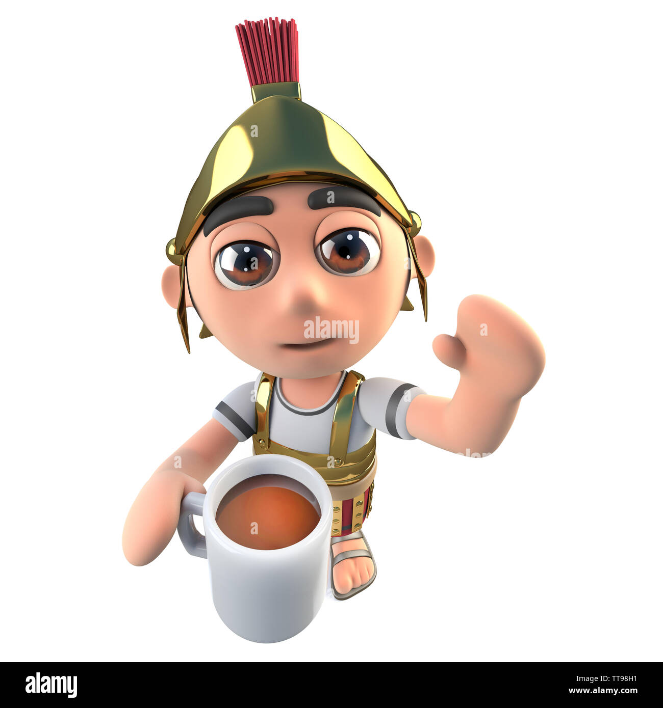 3D-Render eines lustigen Cartoon römischen Soldaten Hauptmann trinken eine Tasse Kaffee oder Tee Stockfoto