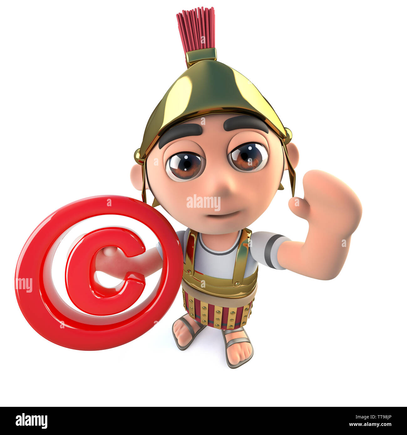 3D-Render eines lustigen Cartoon römischen Soldaten Hauptmann Charakter mit einem Copyright Symbol Stockfoto