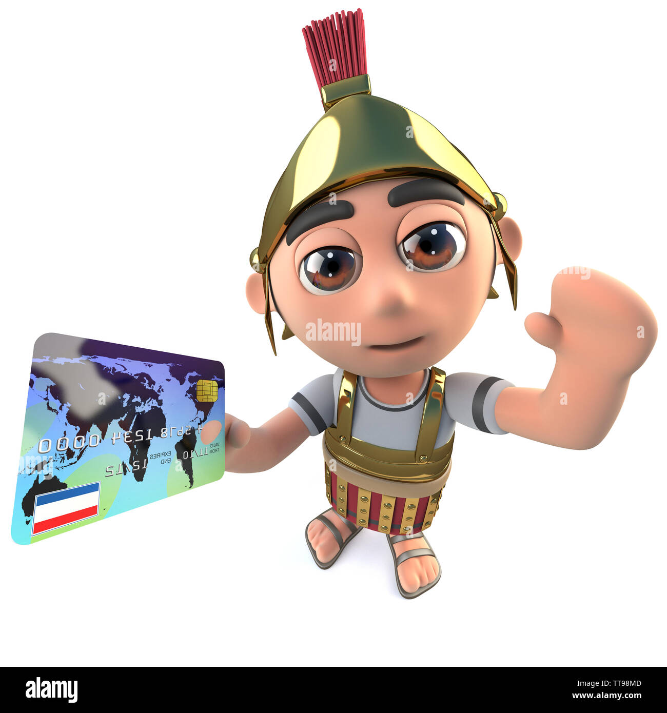 3D-Render eines lustigen Cartoon römischen Soldaten Hauptmann Charakter mit einer Debit- oder Kreditkarte Stockfoto