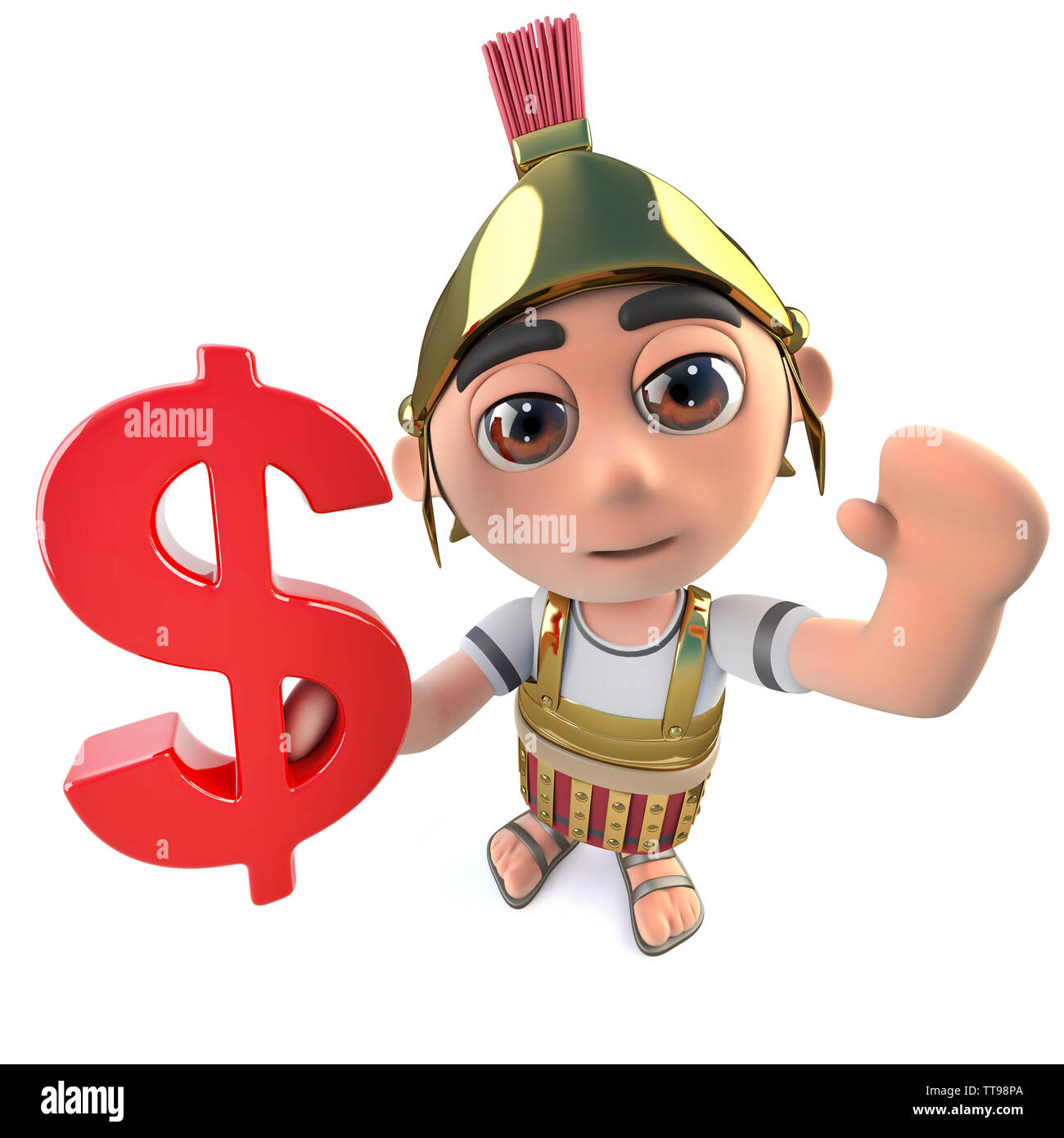 3D-Render eines lustigen Cartoon römischen Soldaten Hauptmann Charakter mit einem US Dollar Währung Symbol Stockfoto