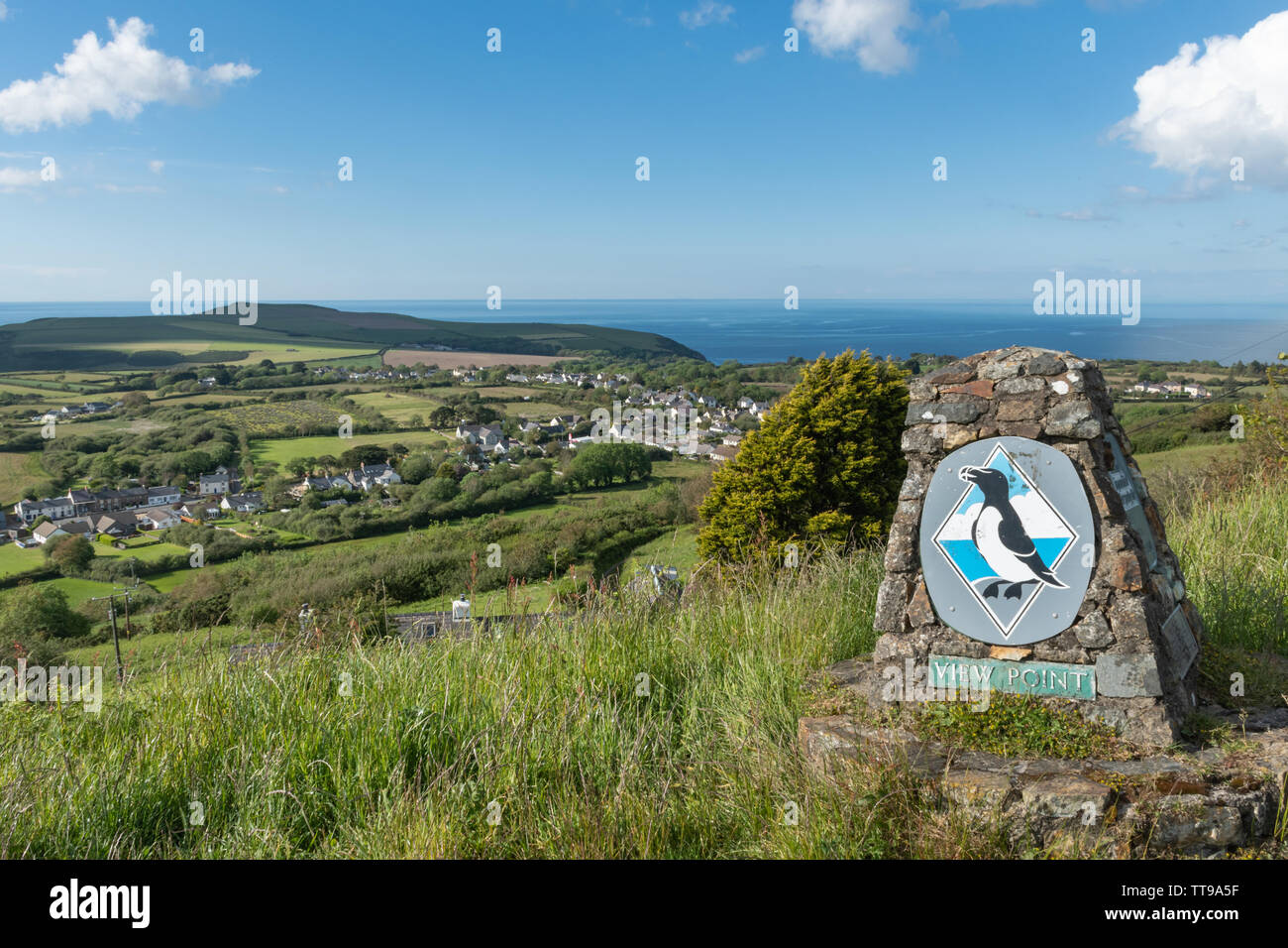Ansicht des Pembrokeshire Coast National Park Küstenlandschaft von Dinas Cross Viewpoint, Wales, Großbritannien Stockfoto