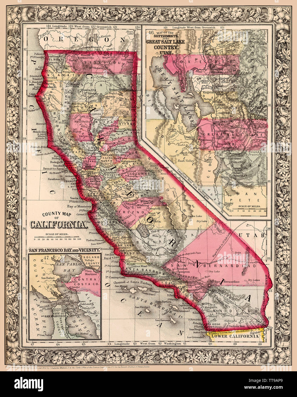 Karte von Kalifornien, Grafschaften, ca. 1863 zum ersten Mal veröffentlicht. Hat auch einfügen, die die Siedlungen in Utah und und legen Sie Karte der San Francisco Bay Area. Stockfoto