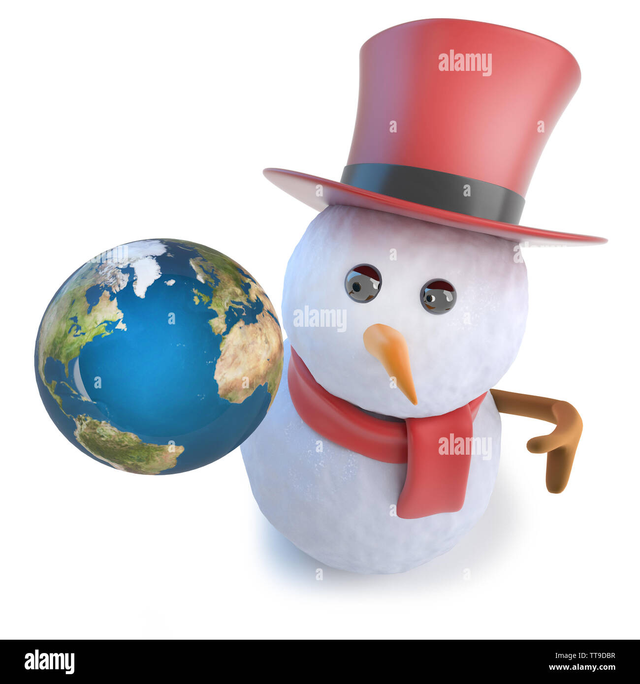 3D-Render eines lustigen Cartoon Schneemann trägt einen Hut und hält eine Kugel der Erde Stockfoto