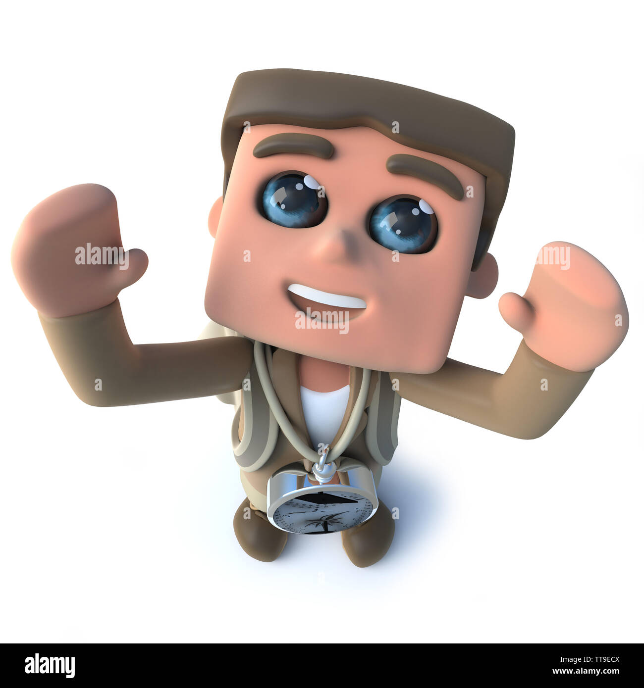 3D-Render eines lustigen Cartoon explorer Abenteurer glücklich jubelnde Stockfoto