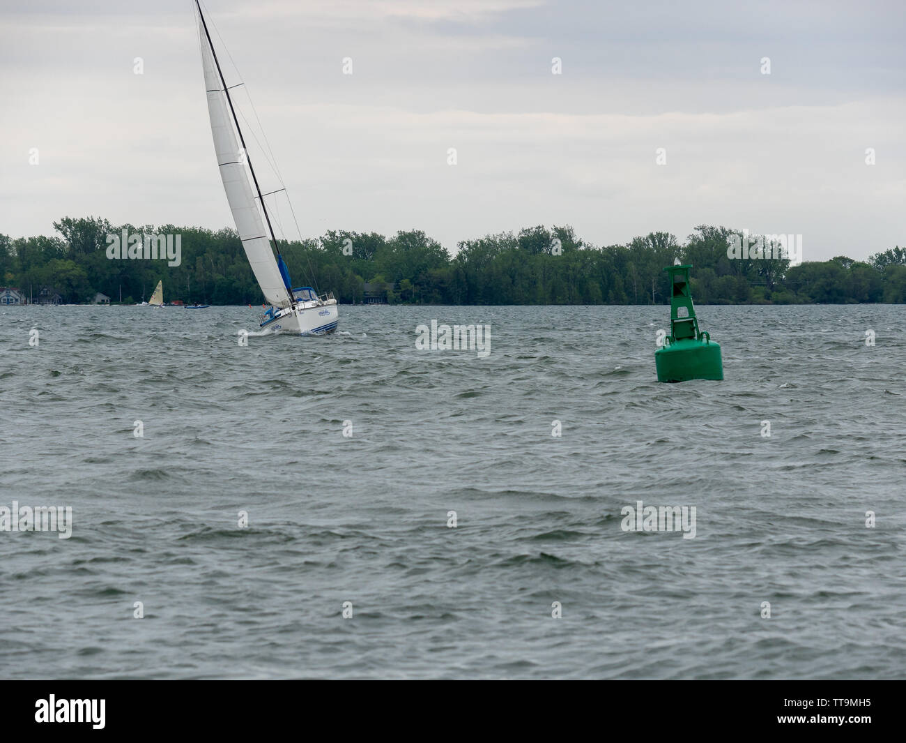Toronto, Kanada. 15 Juni, 2019. Yachtcharter Segeln rund um am Lake Ontario Boje, lehnte sich an die Seite unter starkem Wind. Stockfoto