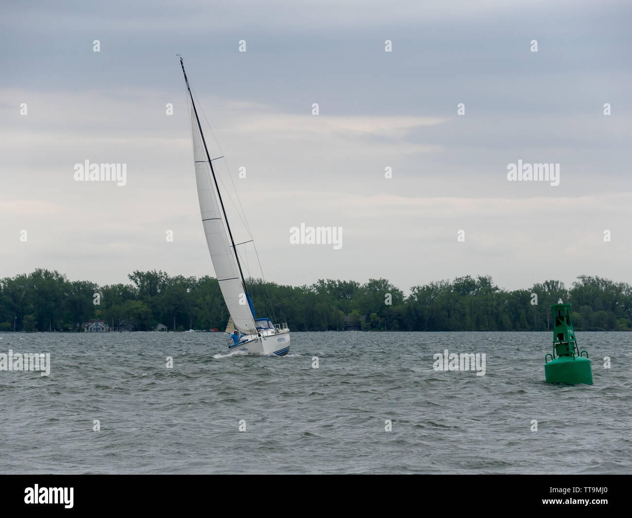 Toronto, Kanada. 15 Juni, 2019. Kapitän Pilotierung ein Segel yacht Um eine Boje am Lake Ontario, lehnte sich an die Seite unter starkem Wind. Stockfoto