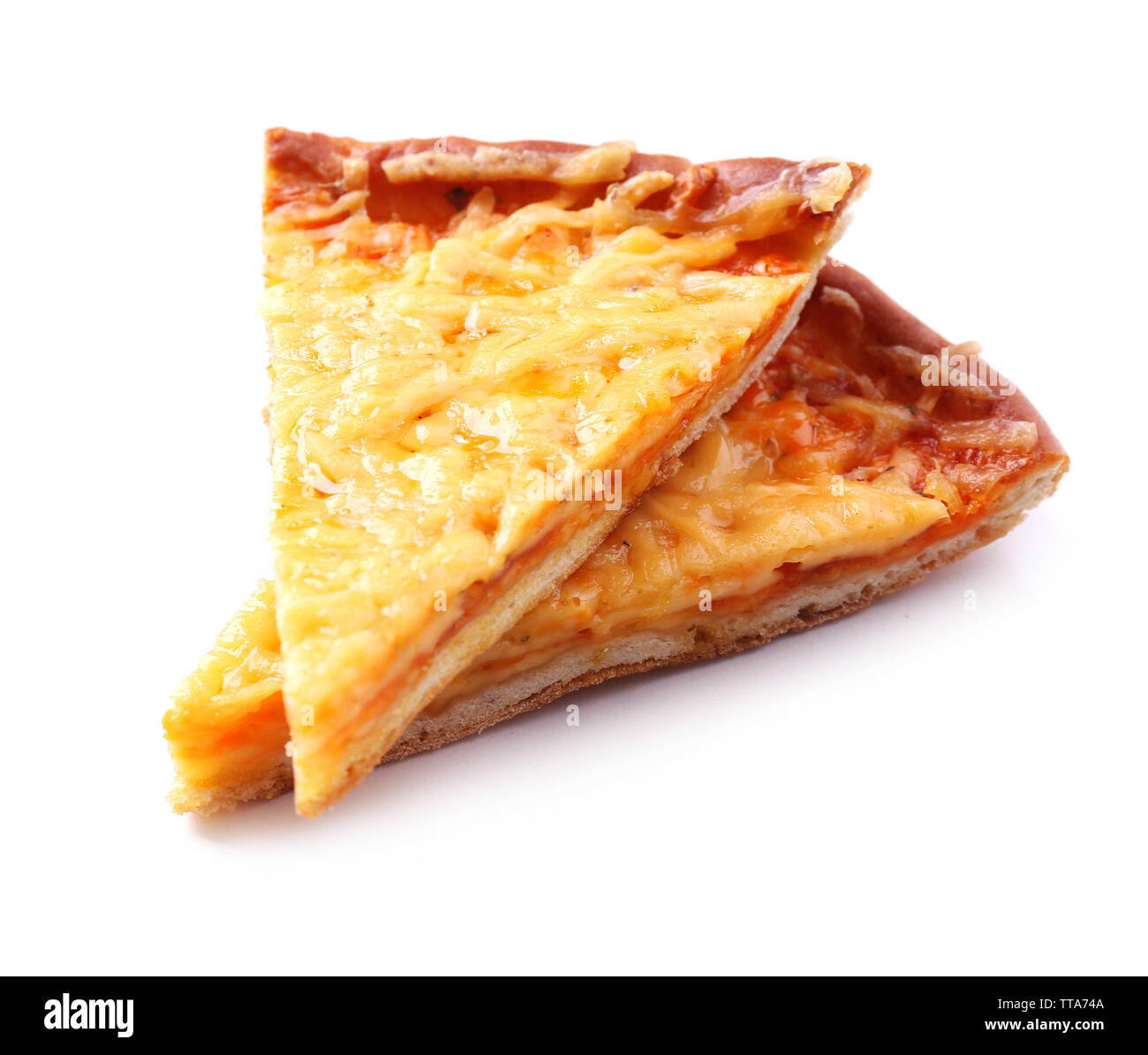 Scheiben von leckeren Käse pizza isoliert auf weißem Stockfoto