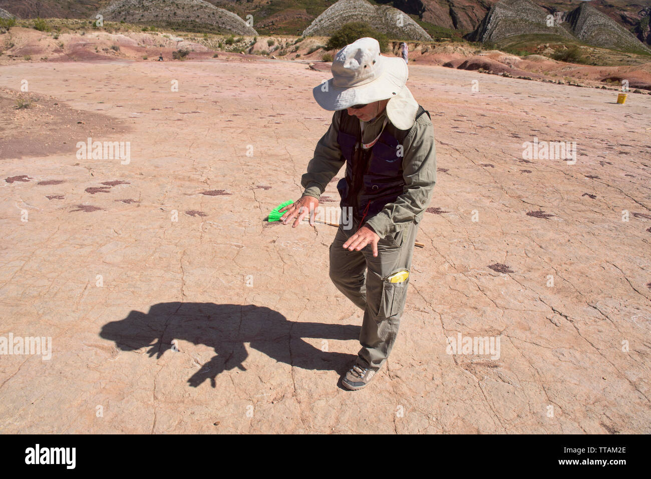 Paläontologen Studium Fußabdrücke von Dinosauriern in Torotoro Nationalpark, Torotoro, Bolivien Stockfoto