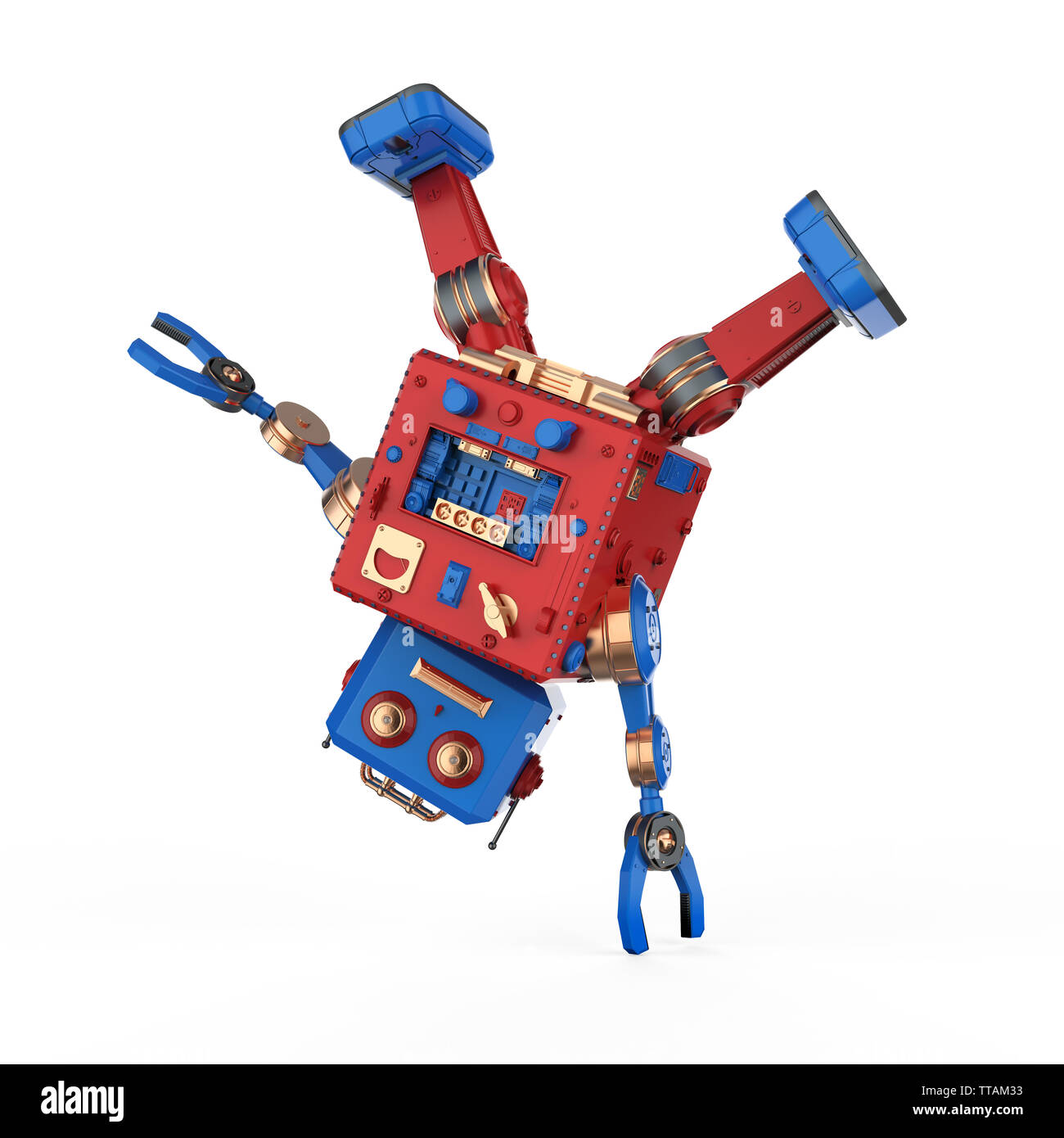 3D-rendering Roboter Tin Toy break dance auf weißem Hintergrund Stockfoto