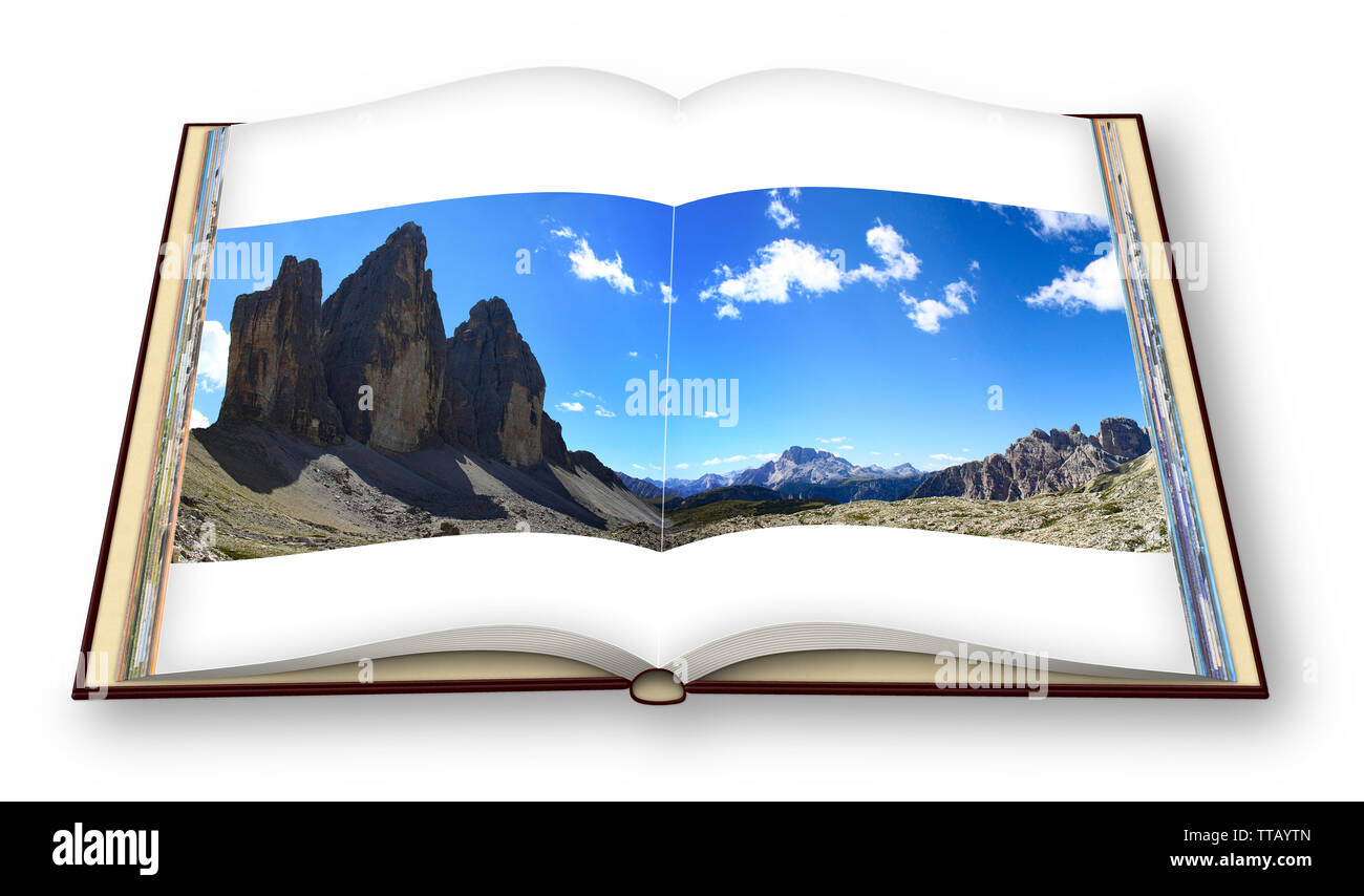 Tre Cime di Lavaredo Panoramablick - Dolomitics Landschaften (Italien) - 3D-Render eines geöffneten Foto Buch auf weißem Hintergrund. Stockfoto