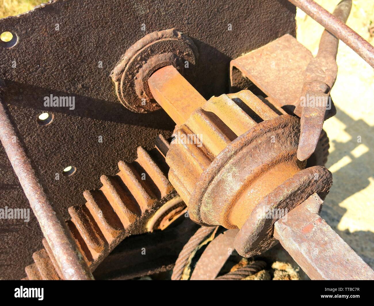 Rusty Mechanismus einer Seilwinde. Stockfoto