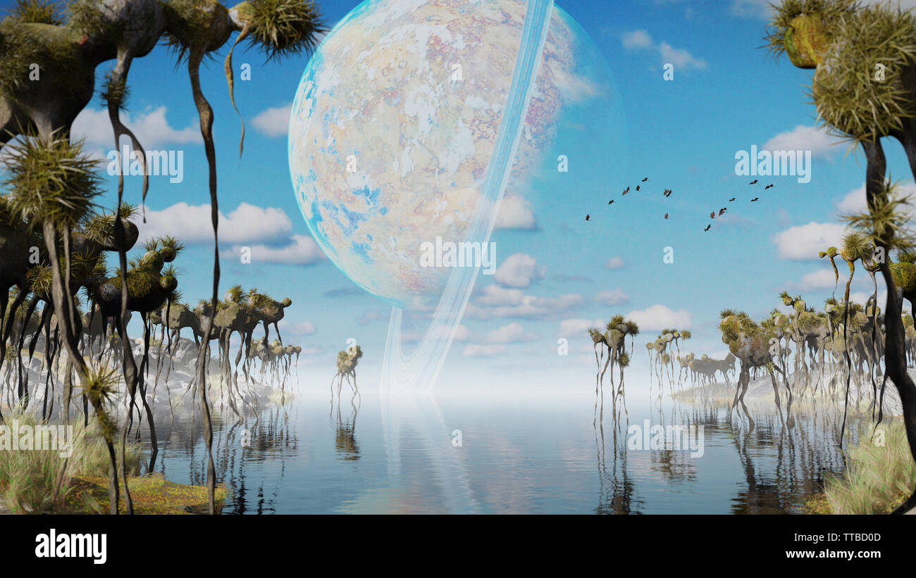 Exoplanet Landschaft, fremden Welt mit seltsamen Pflanzen und fliegende Kreaturen (3d-Abbildung) Stockfoto