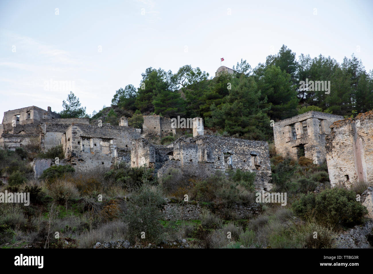 Historischen lykischen Dorf Kayaköy, Fethiye, Marmaris, Türkei. Geisterstadt Kayaköy, einst bekannt als Lebessos und Lebessis. Stockfoto