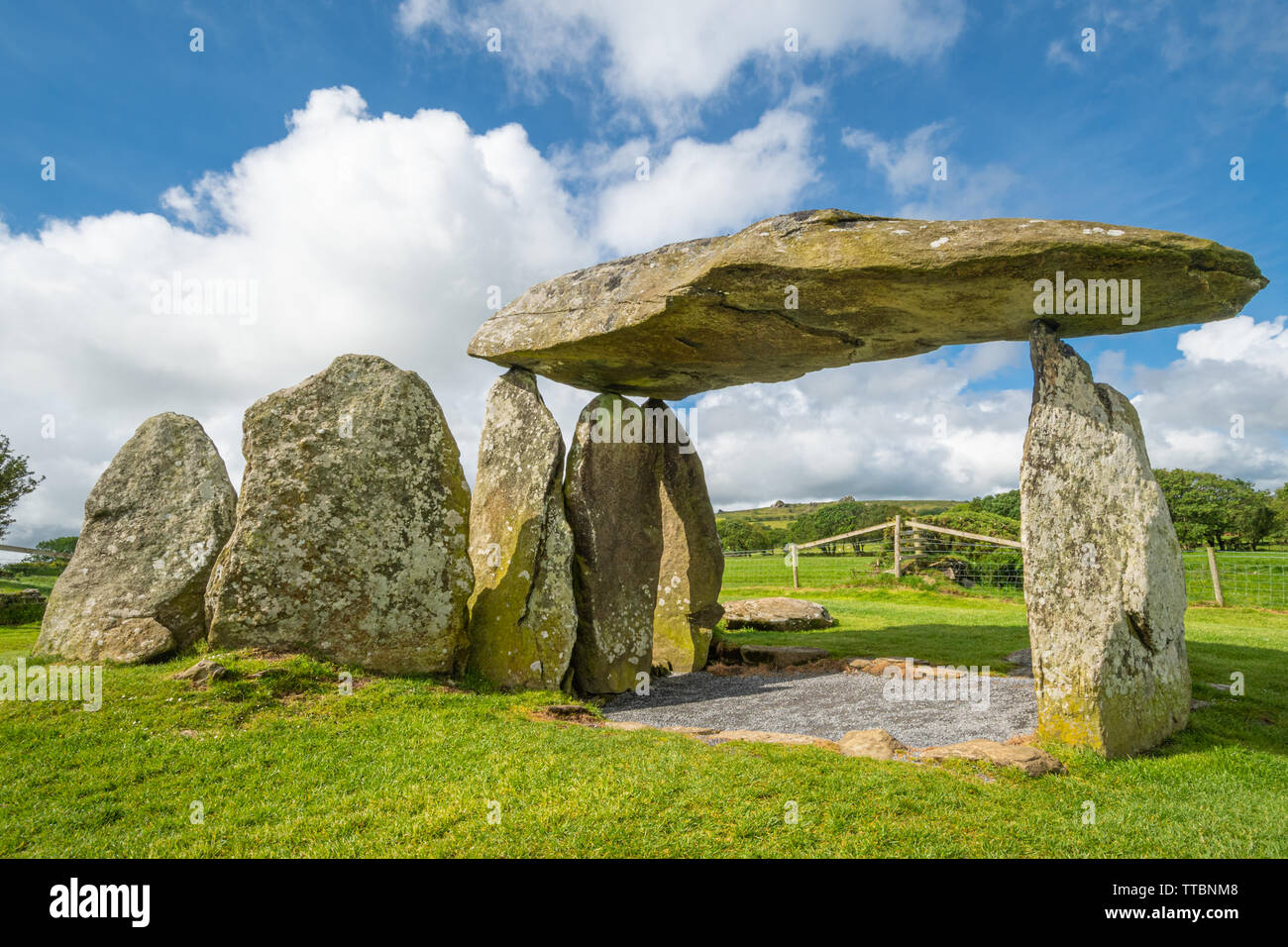 Pentre Ifan neolithische Grabkammer oder Dolmen (einem großen flachen Stein auf mehrere aufrechte Steine) in Pembrokeshire, Wales, Großbritannien Stockfoto