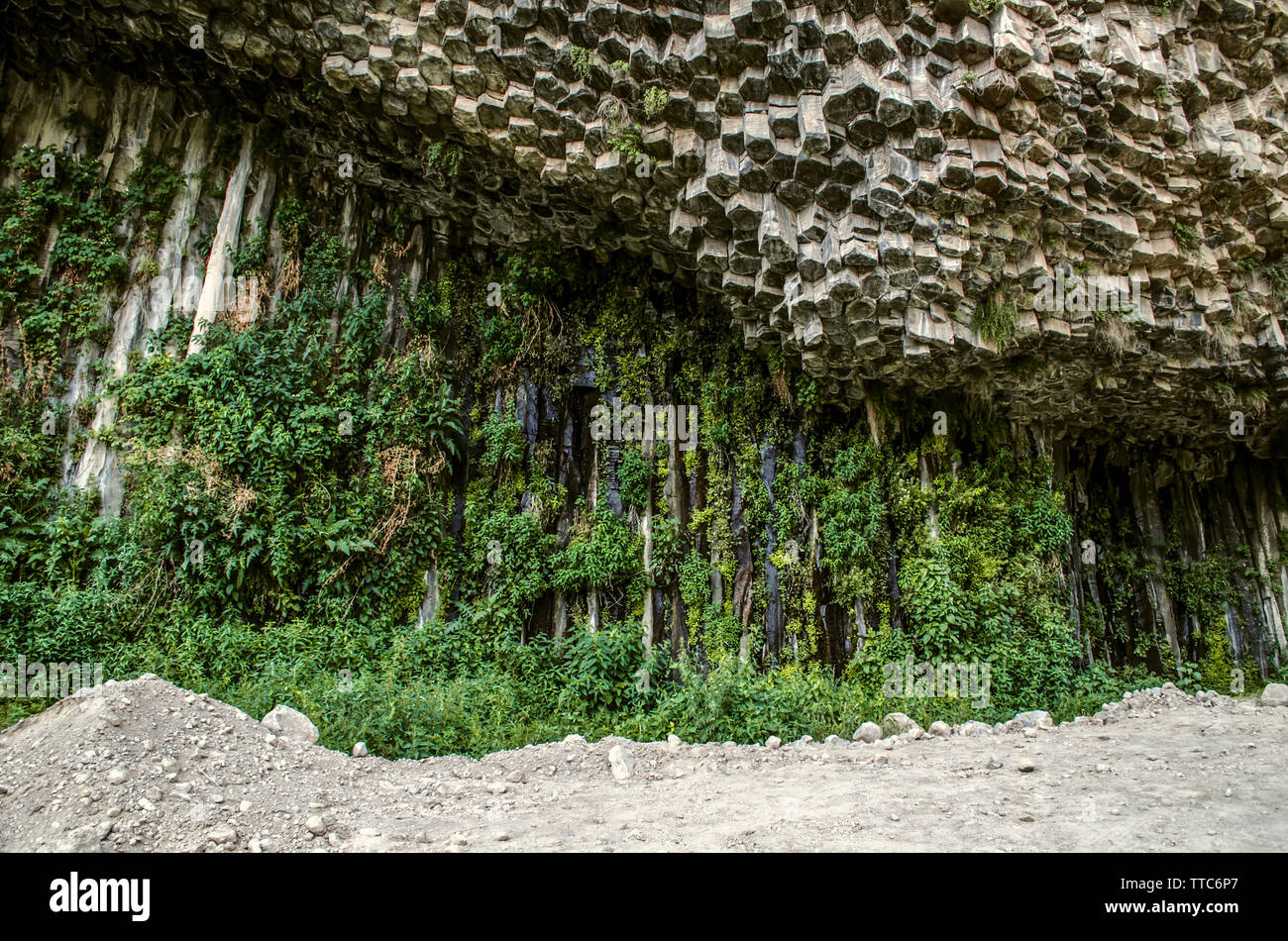 Basaltsäulen durch Sickerwasser aus der Tiefe des Felsens in die Schlucht Garni ln Armenien mit grüner Vegetation bedeckt Stockfoto