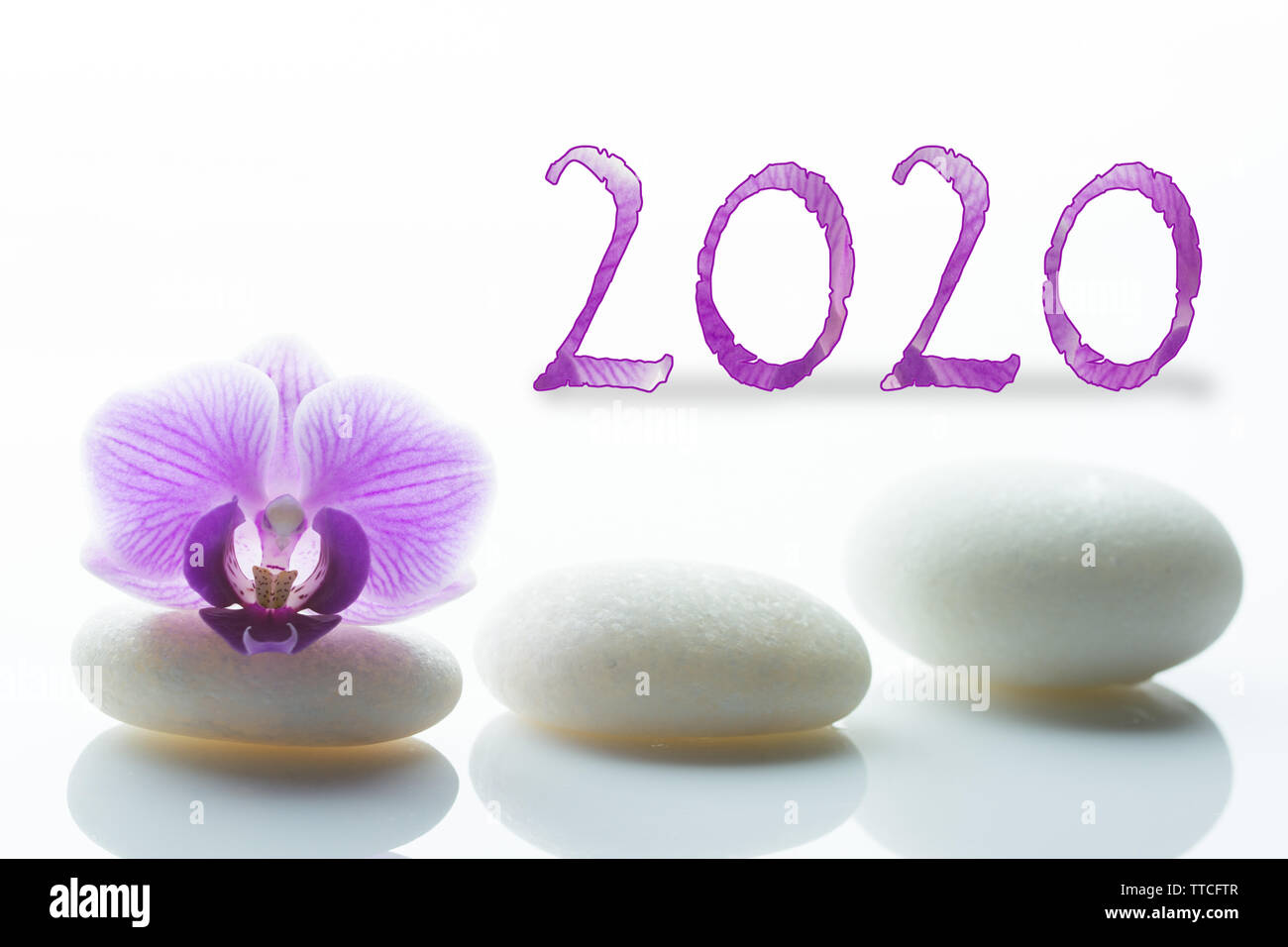 Neues Jahr Konzept. 2020 Jahr lila Anzahl mit weißen roundstones und eine Orchidee Blüte Stockfoto