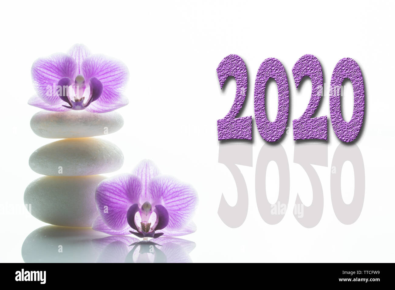 Neues Jahr Konzept. 2020 Jahr lila Anzahl mit weißen roundstones und zwei Orchideen Blüten Stockfoto