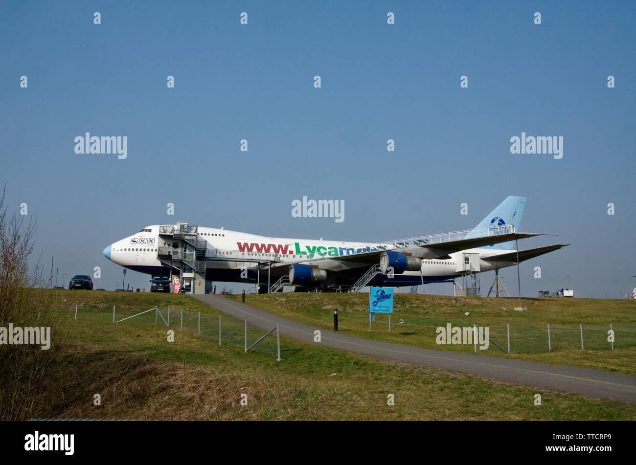 Alte Boeing 747 Jumbo Jet als Transit Hotel und Conference Center, dem Flughafen Arlanda, Stockholm, Schweden Stockfoto