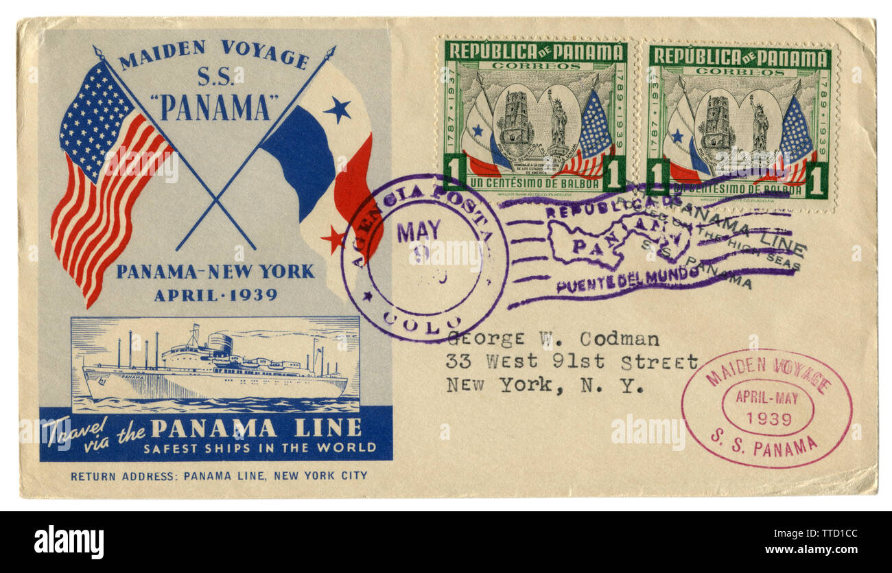 Republik Panama - 9. Mai 1939: historische Umschlag: Abdeckung mit einem Gütesiegel Jungfernfahrt SS Panama - New York, Cruise Line, Briefmarken, Stempel Stockfoto