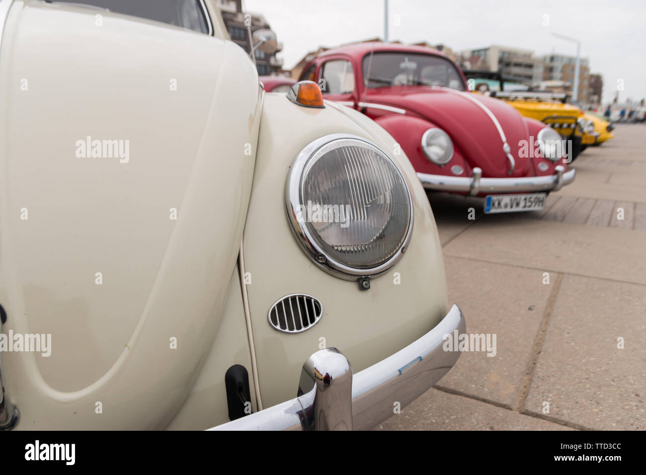 Scheveningen, Den Haag, Niederlande - 26. Mai 2019: klassische VW Käfer bei VW luftgekühlt geparkten Auto Show am Strand von Scheveningen Stockfoto