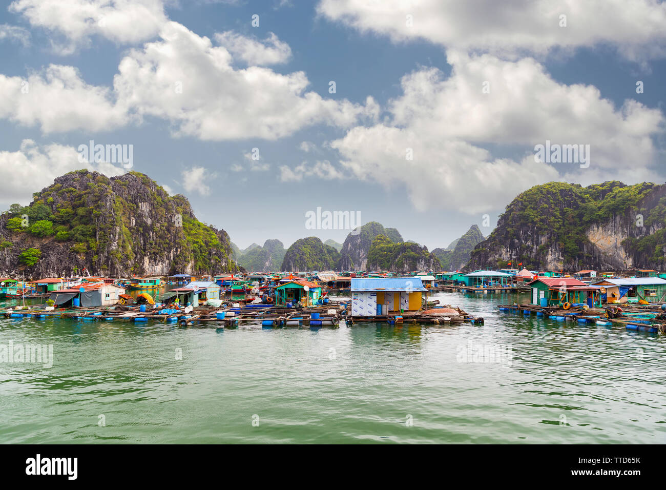 Schwimmende Fischerdorf in Ha Long Bucht in der Nähe von Insel Cat Ba, Hai Phong Provinz, Vietnam, Asien Stockfoto
