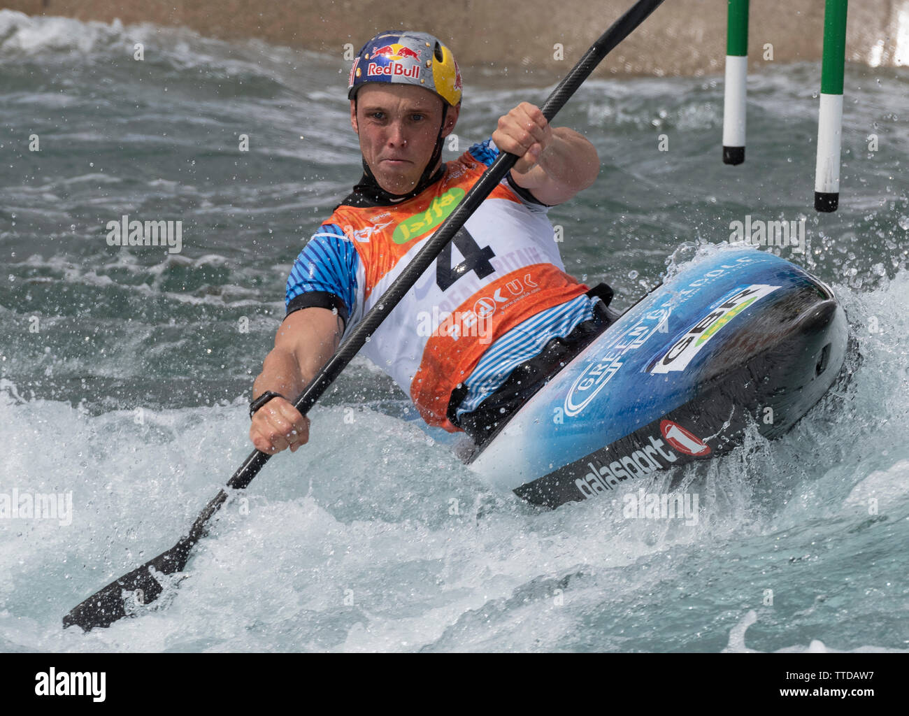 16.06.2019. Lee Valley White Water Centre, London, England. Die Canoe Slalom World Cup 2019. Joe Clarke benötigt Gold in der Mens K1 Finale. Stockfoto