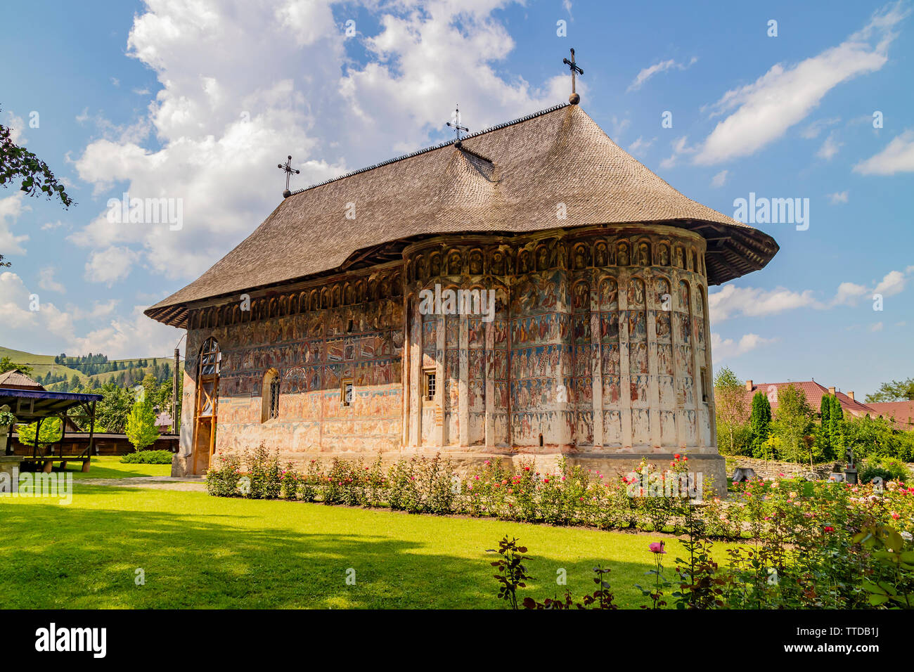 In der Bukowina, Rumänien - August 5th, 2018: Das Kloster Humor, eines der berühmten Klöster der Bukowina, Rumänien Stockfoto