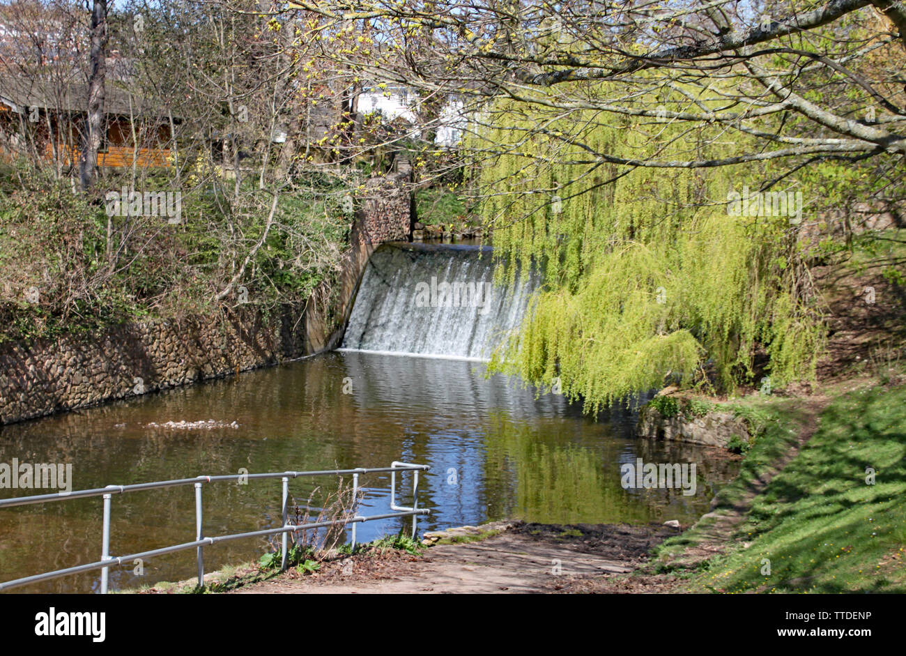 Die wehr auf dem Fluss Sid in Honiton, Devon in der Parkanlage als Byes bekannt Stockfoto