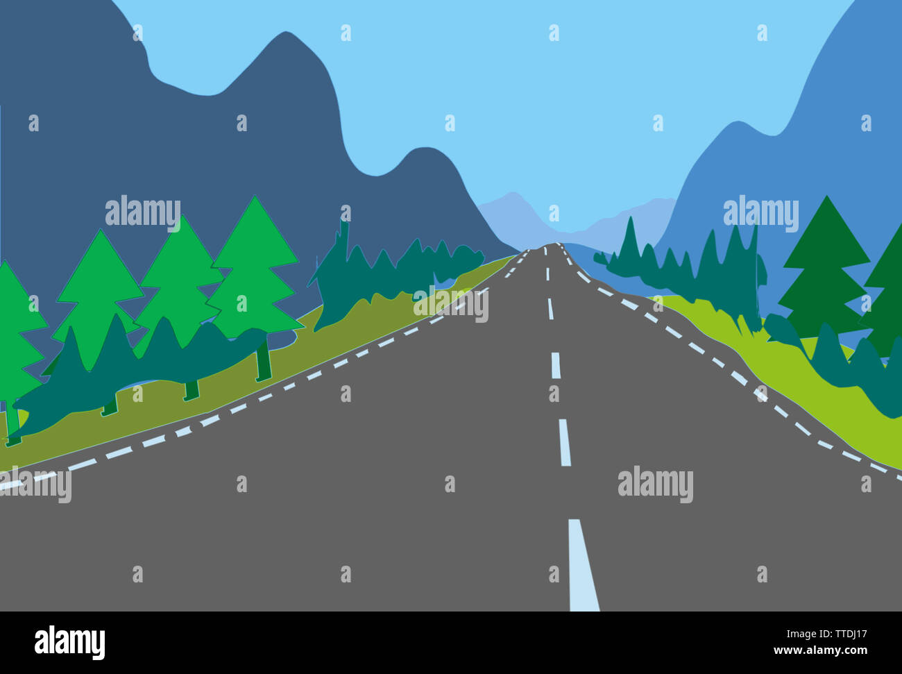 Digitale Illustration des Landes Asphaltstraße mit weißen Linien Perspektive, die gerade durch die Berge und Bäume Stockfoto