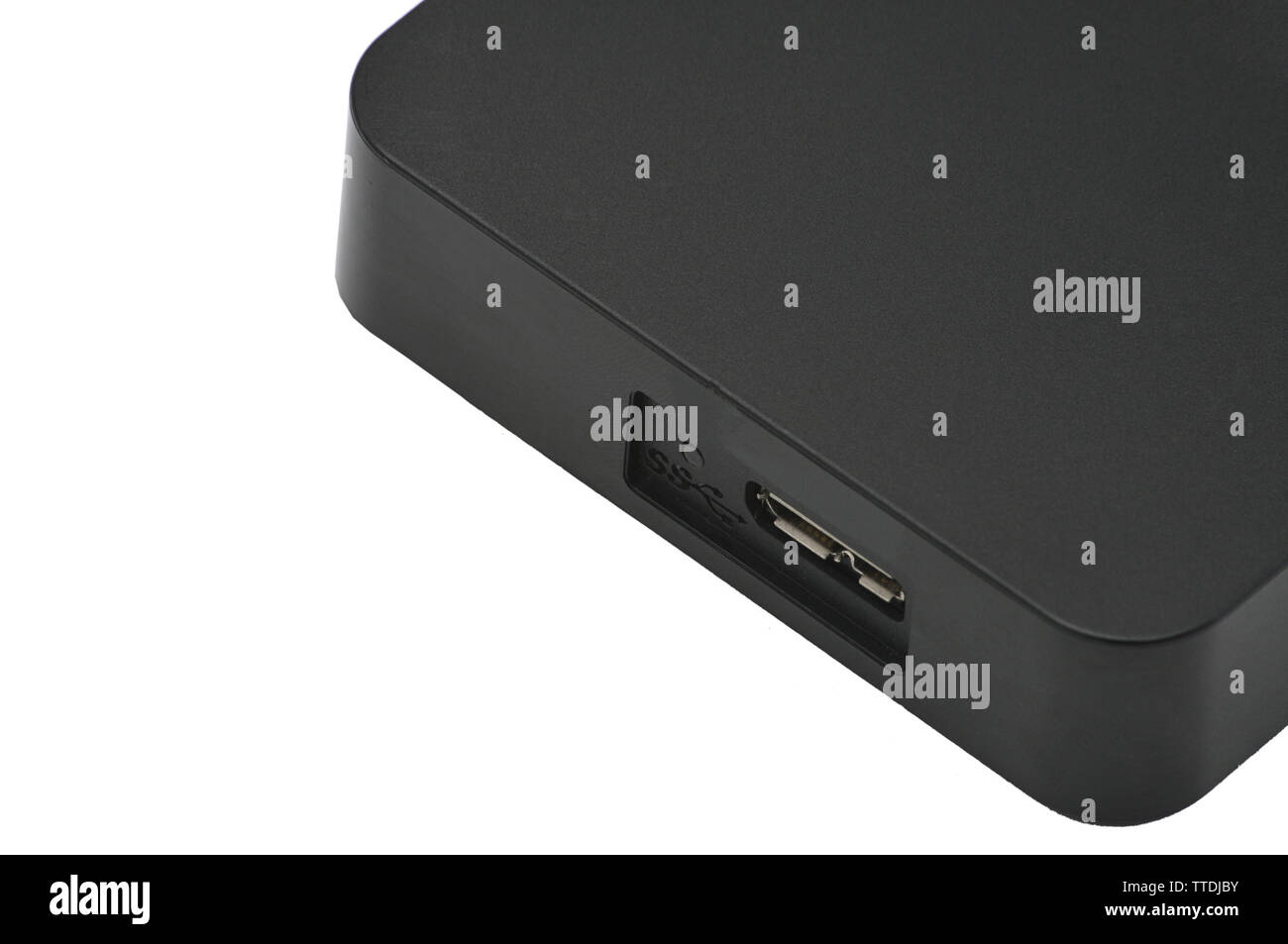 Tragbare Festplatte zum Sichern von Dateien auf einem isolierten weißen Hintergrund Stockfoto