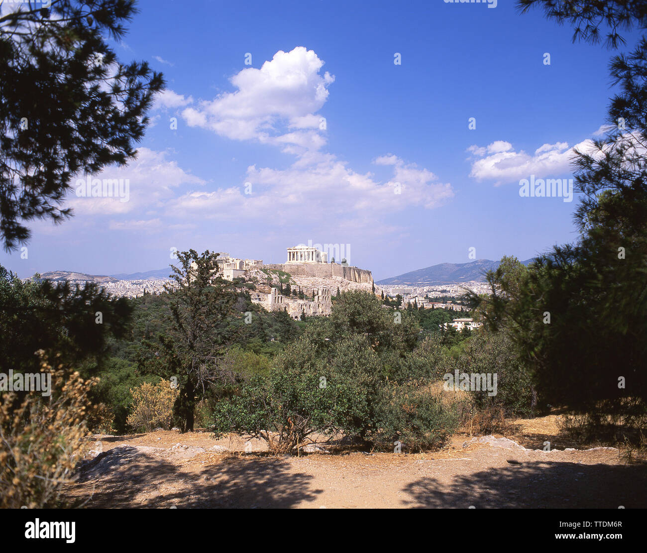 Die Akropolis von Athen aus Mousion Hill, Athen (Athina), Athen, Griechenland Stockfoto