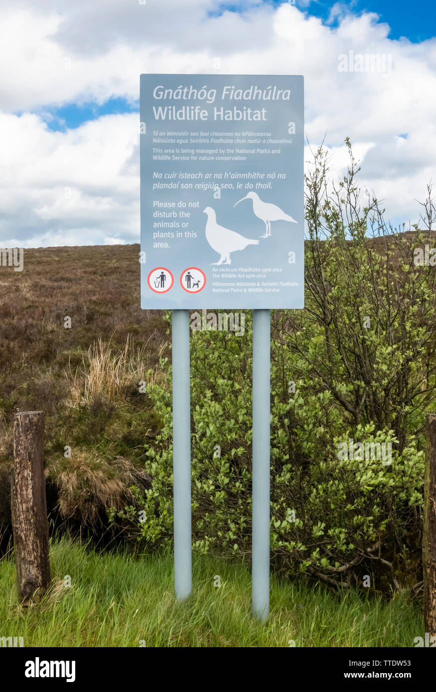 Schilder des Naturschutzgebietes auf Irisch (Gälisch, Gaeilge) und Englisch auf Wolftrap Mountain, Slieve Bloom Mountains, County Offaly, Irland Stockfoto