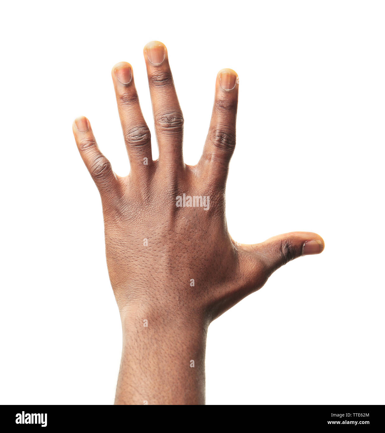 Männliche Hand isoliert auf weiss Stockfoto