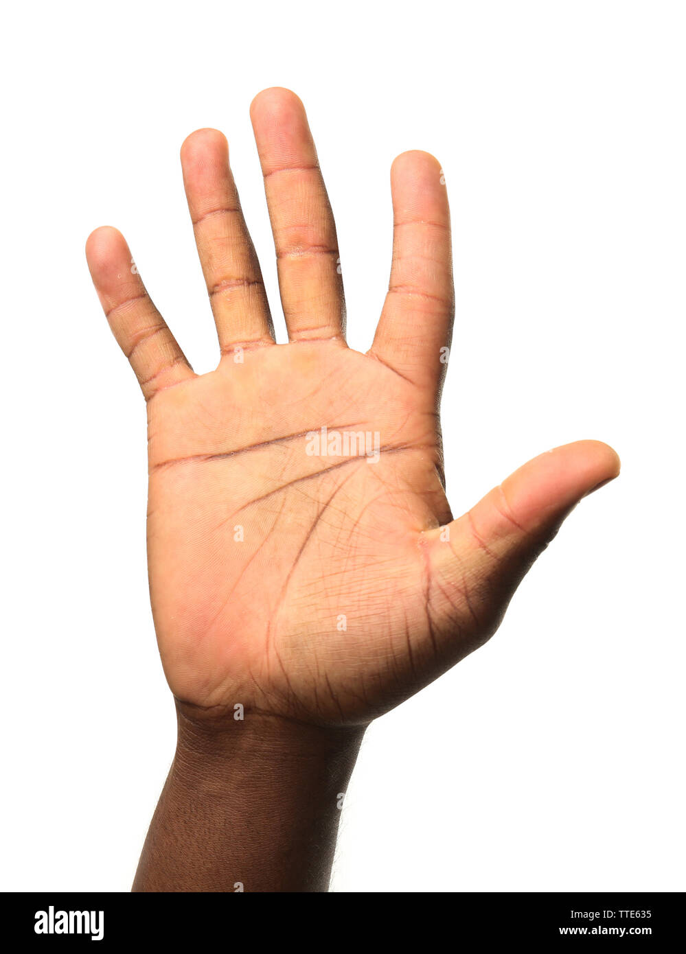 Männliche Hand isoliert auf weiss Stockfoto