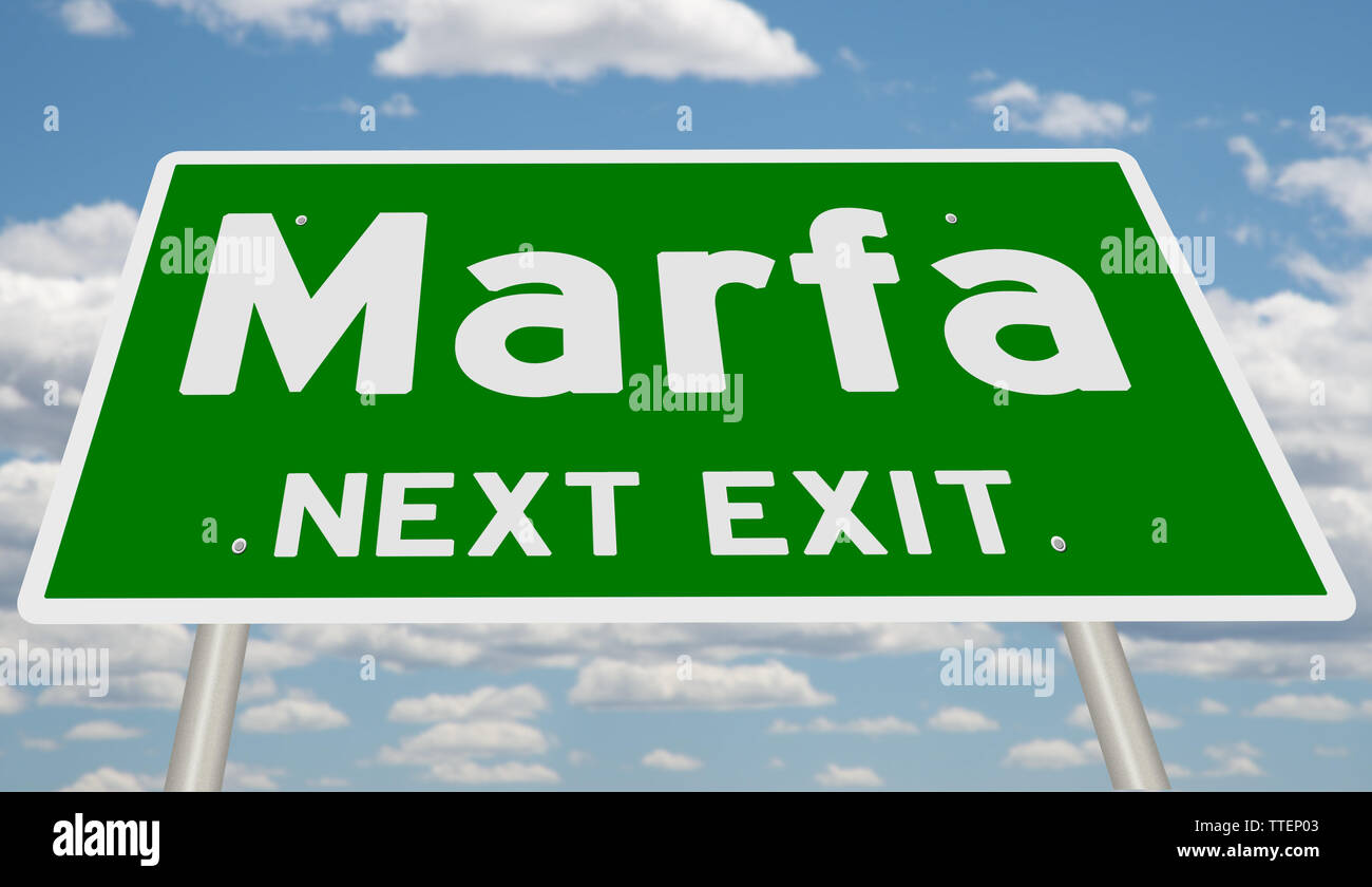 Rendering von einem grünen Hinweisschild für Marfa Texas Stockfoto