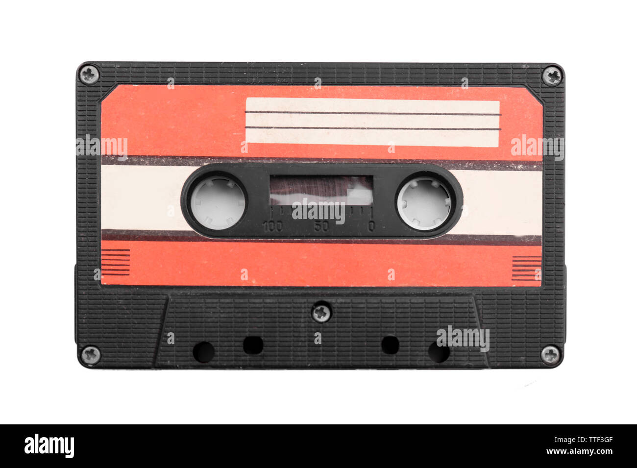 Alte Audiokassette, isoliert auf weißem Stockfoto