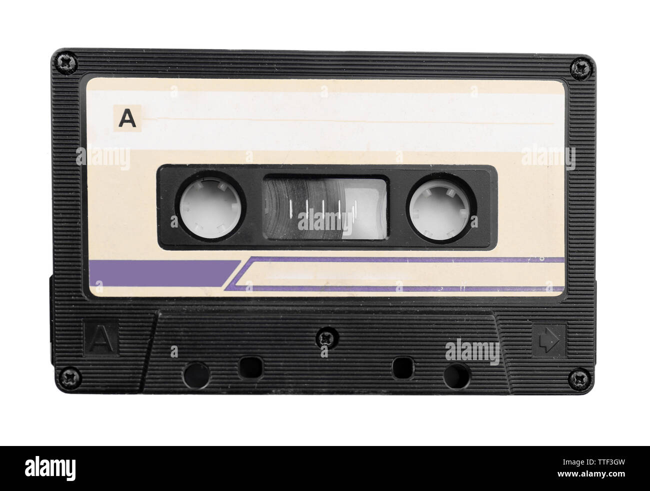 Alte Audiokassette, isoliert auf weißem Stockfoto