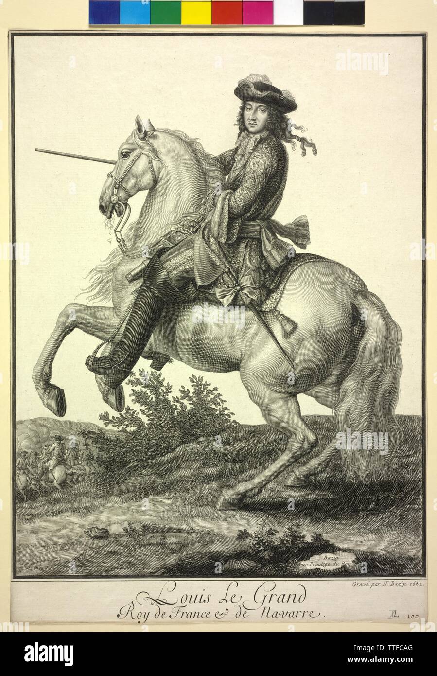 Louis XIV., König von Frankreich, Reiter Bild, Gravur von Nicolas Bazin, Additional-Rights - Clearance-Info - Not-Available Stockfoto