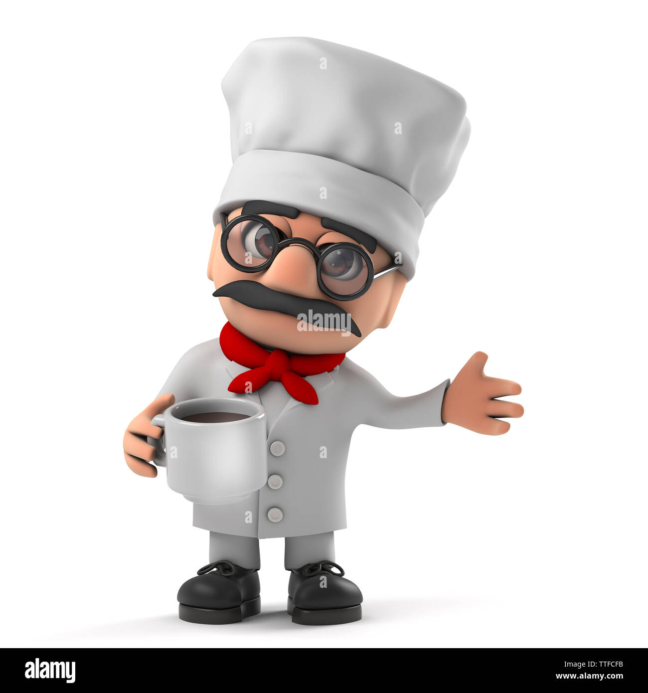 3D-Render eines lustigen Cartoon italienische Pizza Chef chacter Holding einen Becher Kaffee. Stockfoto