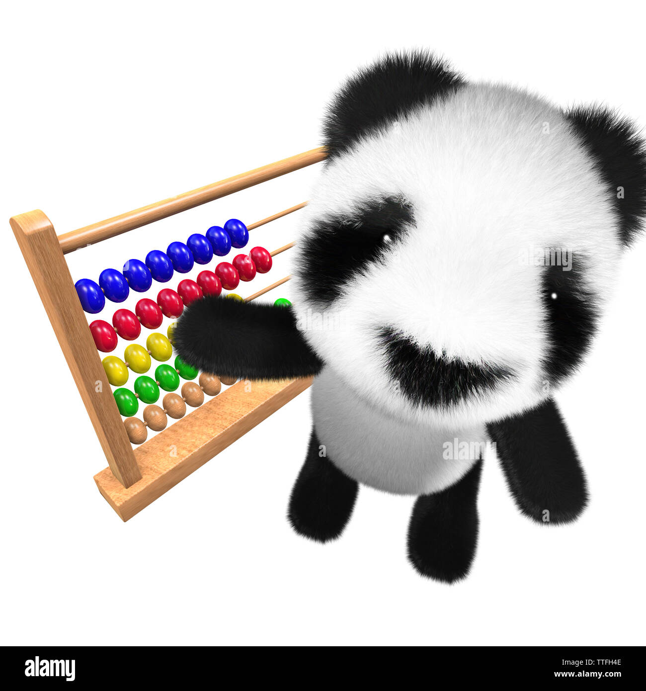 3D-Render von einem netten und lustigen Baby panda Bär Charakter spielen mit einem abacus Stockfoto