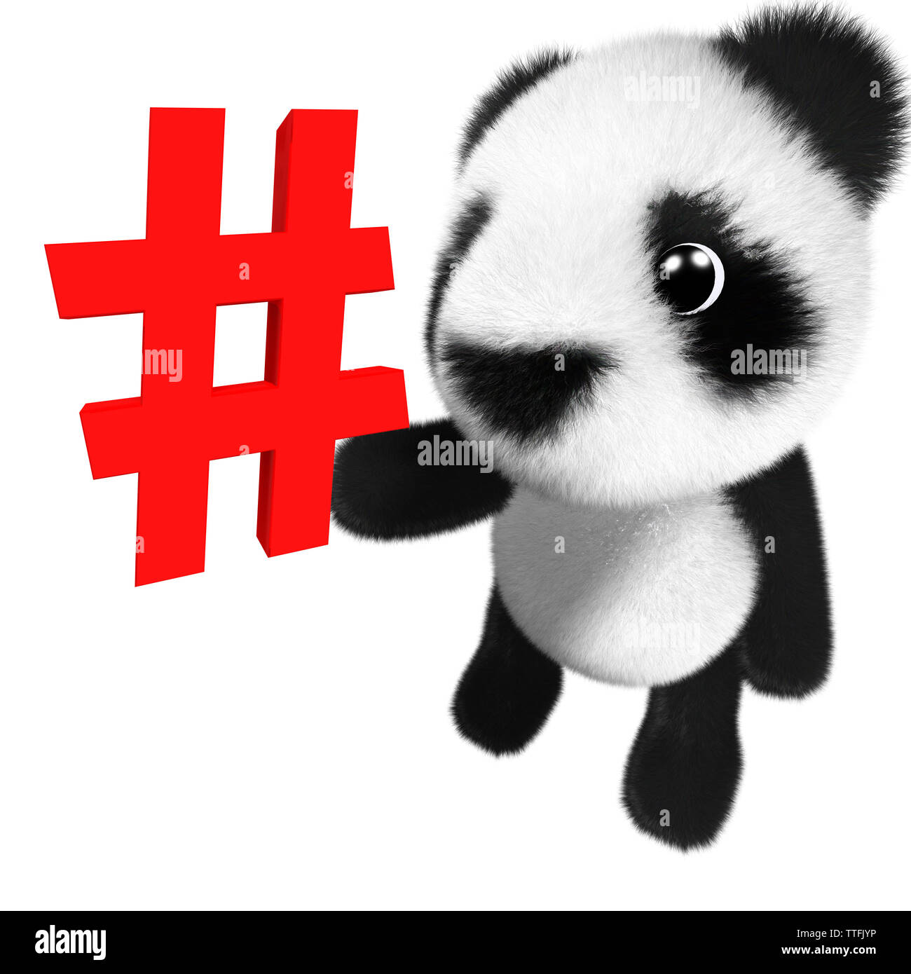 3D-Render eines Nett und adorable Baby panda Bär Charakter mit einem Hashtag Symbol Stockfoto