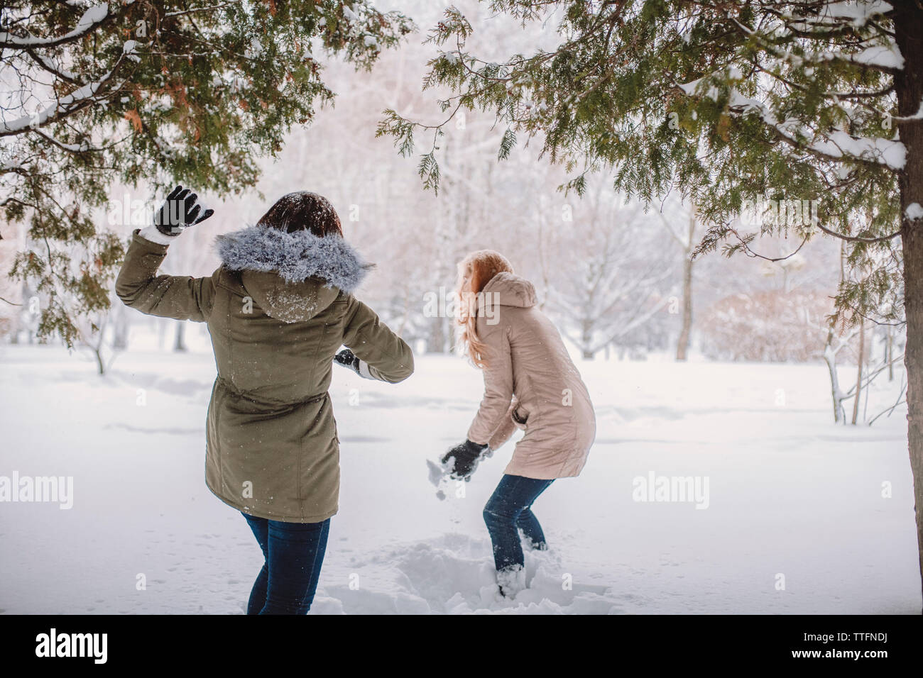 Ansicht der Rückseite des verspielten Frau werfen Schnee auf Frau im Park Stockfoto